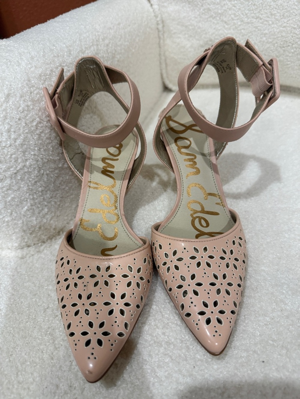 Sam Edelman Dusty Pink Laser-Cut Pointed Ankle-Strap Heels